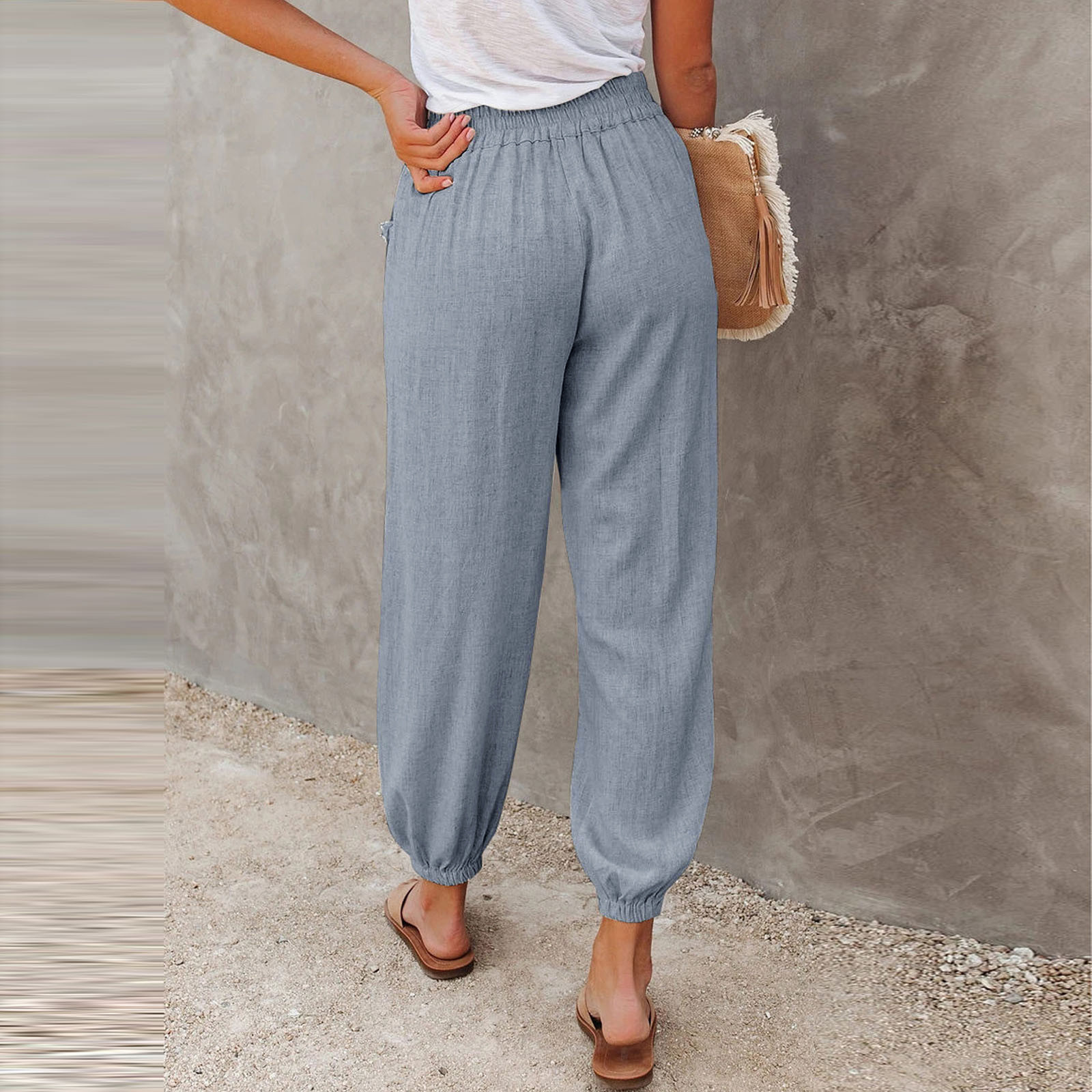 thumbnail image 3 of Pantalones casuales con cordón para mujer talla grande - Cintura elástica, bolsillos, poliéster, corte holgado, aptos para el día a día, la playa y para dormir, para todas las estaciones, 3 of 8